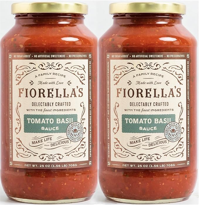 Fiorella's Tomato Basil Pasta Sauce - Tomato Sauce Made with Fresh Ingredients - No Sugar Added, Vegan, Gluten Free, No Preservatives Added, Reduced Sodium, Pasta Sauce, 25 Oz (Pack of 2)