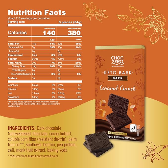 ChocZero Vegan Caramel Crunch Keto Bark, Dark Chocolate Candy Bar with Caramel, Dairy Free, Sugar Free, Gluten Free, 3.2 Ounce (Pack of 4)