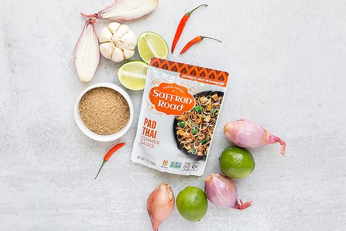 Saffron Road Simmer Sauce Variety Pack | Lemongrass Basil, Coconut Curry, Pad Thai, and Tikka Masala | Vegetarian, Non-GMO, Halal, and Kosher | 7.0oz Pouch | Pack of 4