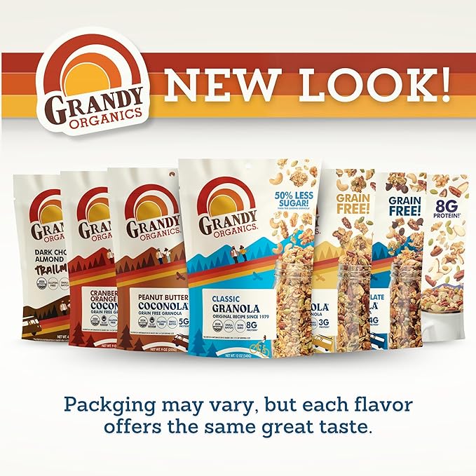 Grandy Organics Classic Granola, Certified Organic Granola Cereal, Low Sugar - Made with Oats, Pumpkin Seeds, Walnuts and Cashews, 12oz Bags, Bulk Pack of 3