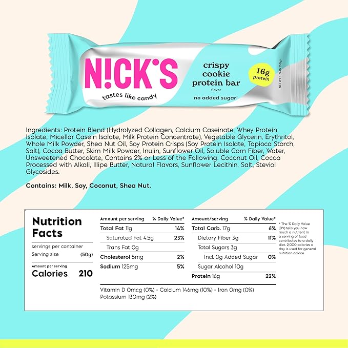 Nick's Protein Bars Krispi Cookie | 16g protein | 210 calories | Low Carb Keto Friendly Snacks No Added Sugar (Multipack 24 bars x 50g)