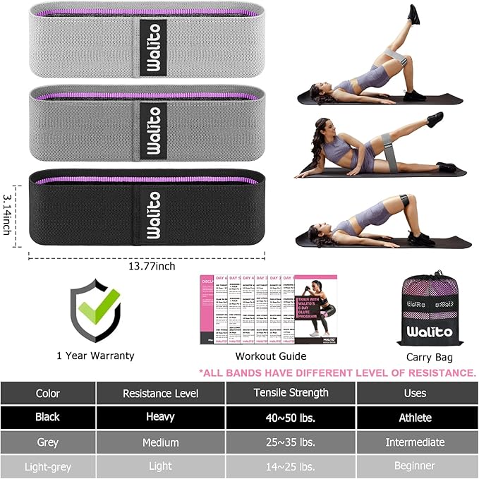WALITO Resistance Bands for Working Out, Fabric Exercise Bands for Legs and Butt, Workout Bands for Women and Men, Booty Band for Yoga Starter Set, Pilates, Rehab, Fitness and Home Workout