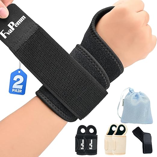 Carpal Tunnel Wrist Brace for Right Left Hand 2 Pairs, Wrist Support Wraps for Women Men, Adjustable Wrist Brace for Tendonitis, Arthritis, Weightlifting, Sports, Day Night Support, Nude&Black