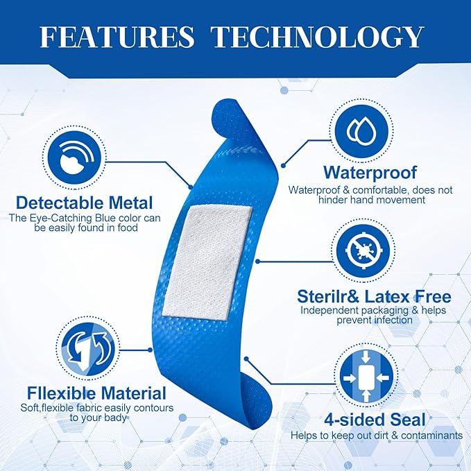 Geiserailie 200 Pcs Blue Fabric Bandages 3 ''x 1'' Food Service Metal Detectable PE Waterproof Adhesive Bandages Bulk Sterile Processing Non Stick Pad Latex Free for First Aid & Wound Care Protection