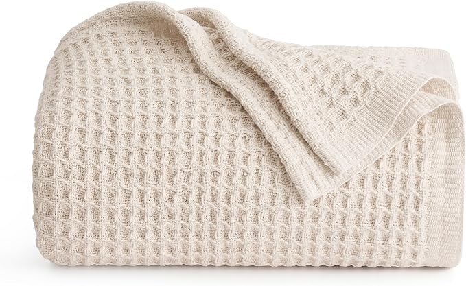 Bedsure 100% Cotton Large Throw Blanket for Couch 50x70 inches - Breathable and Soft, Waffle Weave Throw Blanket for Office, Khaki (a Little Bit Yellow)
