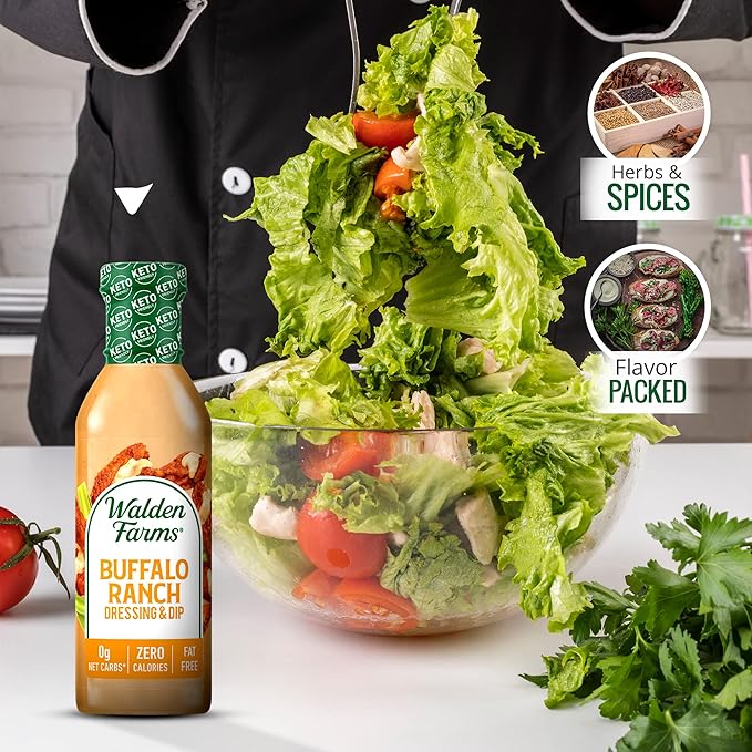 Walden Farms Buffalo Ranch Dressing & Dip – Calorie-Free, Gluten-Free, Low Carb, Keto-Friendly, Sugar-Free, Fat-Free, Dairy-Free Spicy Buffalo Ranch Flavor – 2-Pack, 12 oz Bottles