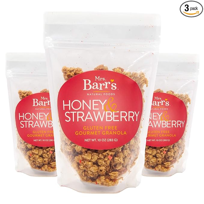 Mrs. Barr’s Natural Foods Granola | Honey & Strawberry | Certified Organic Gluten Free Oats | Soft Texture | Small Batch | Gourmet Quality | Real Ingredients | 10 Ounces (3 Pack)