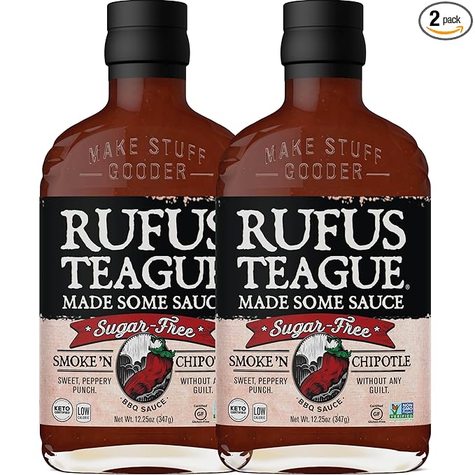 Rufus Teague Sugar-Free BBQ Sauce Smoke 'N Chipotle, 2 Pack, Keto Sauce with Stevia, Natural Ingredients, Low Calorie, Award-Winning, Gluten-Free, Kosher, Non-GMO, 12.25 oz