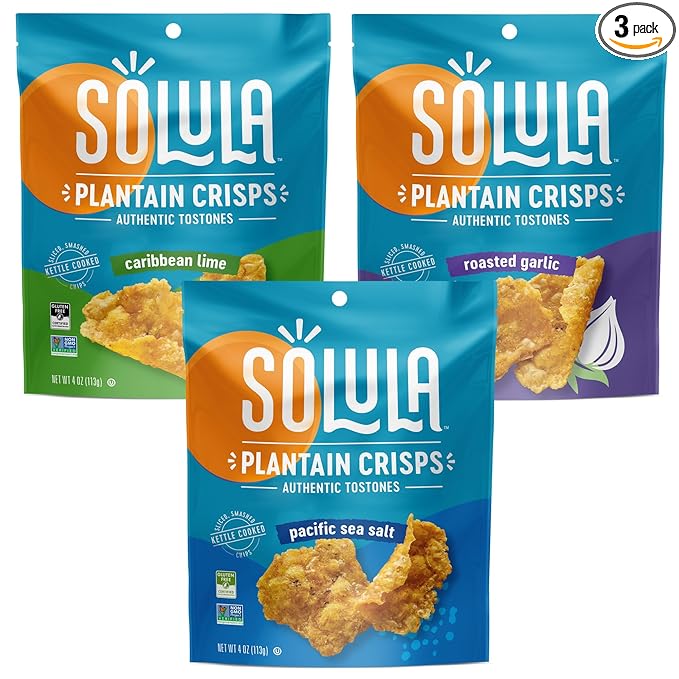 Solula Plantain Crisps Authentic Tostones, Variety Pack, 4 Ounce (Pack of 3), Pacific Sea Salt, Roasted Garlic and Caribbean Lime, Kettle Cooked Chips, Gluten Free, Paleo Friendly, Grain Free, Vegan