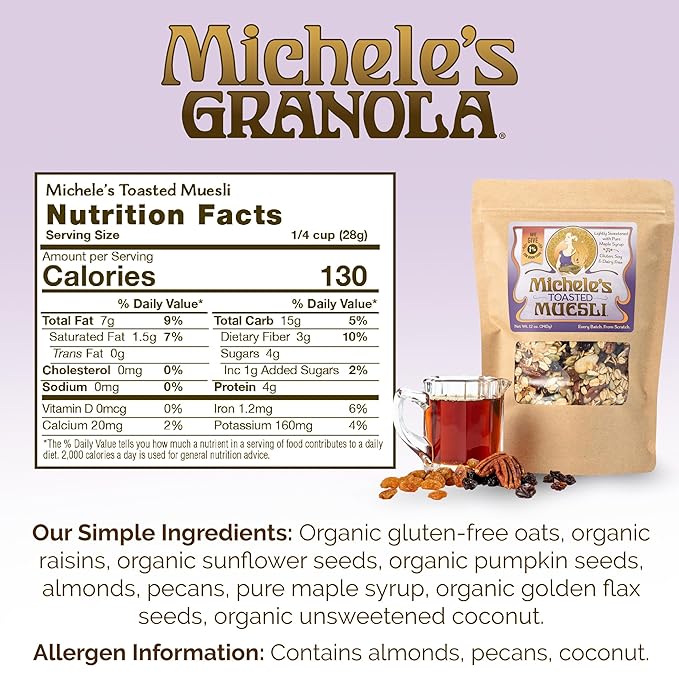Michele's Granola - Toasted Muesli - Handmade Non-GMO Whole Grain Oats - Free of Gluten, Soy, Wheat, Dairy, Added Oils & Refined Sugar