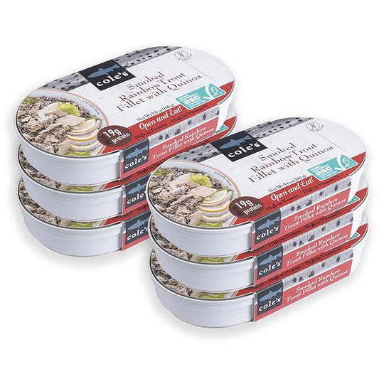 COLE’S - Smoked Rainbow Trout Fillet with Quinoa | Open & Ready to Eat Meal | 5.6 oz Canned & Hand-Packed | 19g Protein | High in Vitamin D | 6 pack