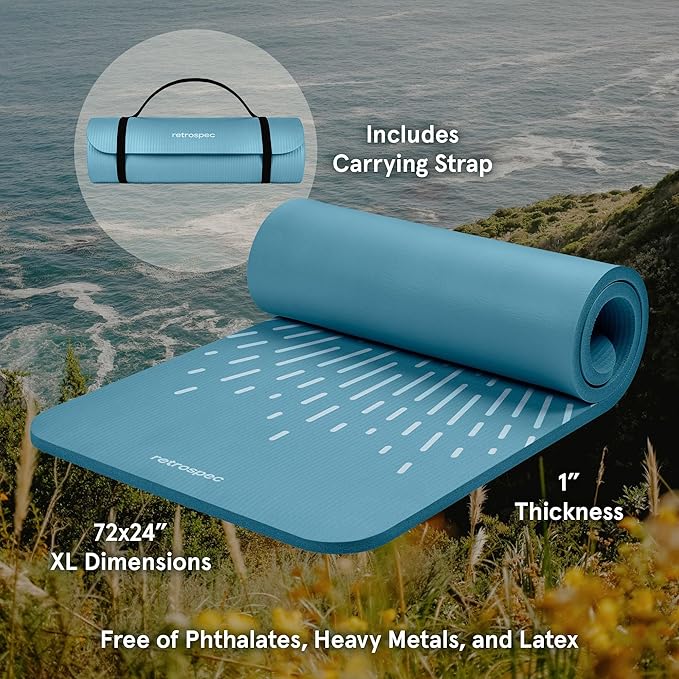 Retrospec Solana Yoga Mat 1" Thick With Nylon Carry Strap for Men & Women - Non Slip Exercise Mat for Home Yoga, Pilates, Stretching, Floor & Fitness Workouts