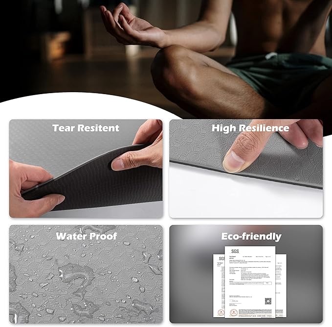 Large Yoga Mat for Men and Women 1/4 & 2/5 Inch Extra Thick TPE Fitness Mat for Home Gym Workout, Non-Slip, Eco Friendly Exercise Mat for Yoga, Pilates, Stretching, Meditation