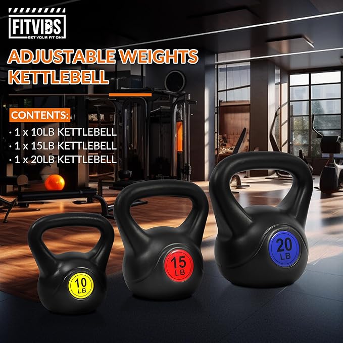 Fitvids Wide Grip 3-Piece or 4-Piece Kettlebell Exercise Fitness Weight Set, Include 5 lbs, 10 lbs, 15 lbs and 20 lbs, Set of 3 or Set of 4