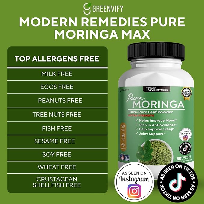 Modern Remedies Pure Moringa Max Leaf Powder Supplement, 800mg, 60 Capsules, Extra Strength for Mood, Sleep and Joint Support, Gluten Free (1)