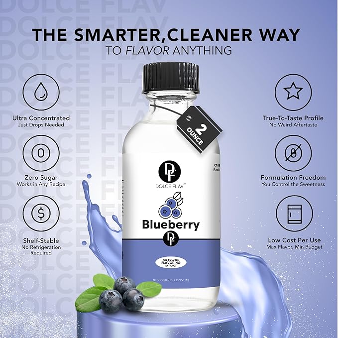 Dolce Flav Blueberry Extract – 2 Ounce Oil-Soluble Kosher, Sugar-Free, Concentrated Ripe Blueberry Flavoring for Baking, Chocolates & Desserts, Includes Measured Dropper