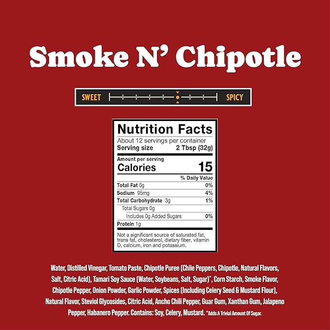 Rufus Teague Sugar-Free BBQ Sauce Smoke 'N Chipotle, Keto Sauce with Stevia, Natural Ingredients, Low Calorie, Award-Winning, Gluten-Free, Kosher, Non-GMO, 12.25 oz