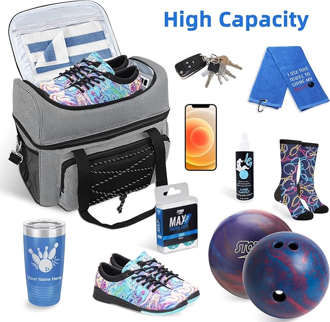 Bowling Ball Bag 2 Ball with Padded Holder Portable Double Bowling Totes with Adjustable Shoulder Strap Large Capacity Bowling Gear Organizer