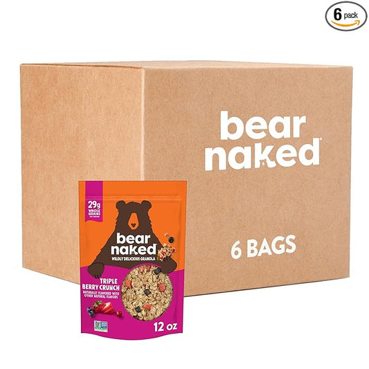 Bear Naked Granola Cereal, Vegan, Breakfast Snacks, Triple Berry Crunch (6 Bags)
