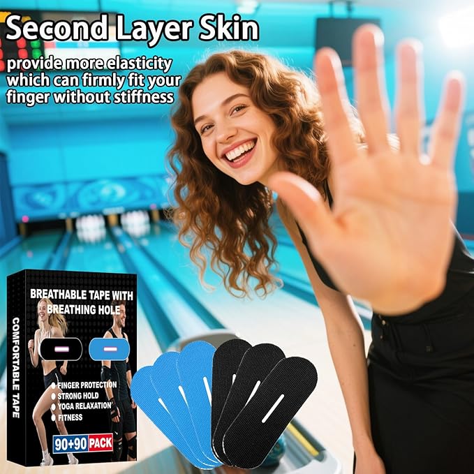 180 PCS Bowling Thumb Tape with Breathing Holes - Breathable & Sweat Proof Sports Tape for Men Women, Finger Grip Protection for Bowling, Yoga, Fitness (Black & Blue)