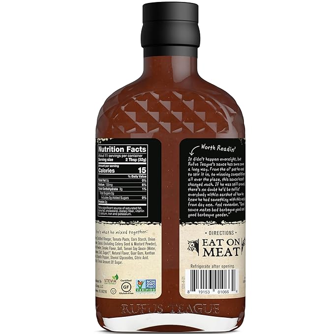Rufus Teague Sugar-Free BBQ Sauce Slim N' Sweet, Keto Sauce with Stevia, Natural Ingredients, Low Calorie, Award-Winning, Gluten-Free, Kosher, Non-GMO, 12.25 oz