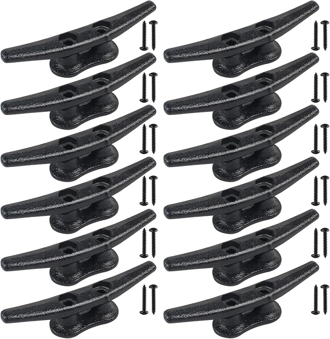 Boat Cleats 4Inch,Hot Dip Galvanized Cast Iron Dock Cleats,Electrophoretic Coated Black Dock Cleats,Rope Cleats Boat Dock Cleats for Marine Deck or Nautical Decor,Hardware Included (4/5/6/10/12Pack)