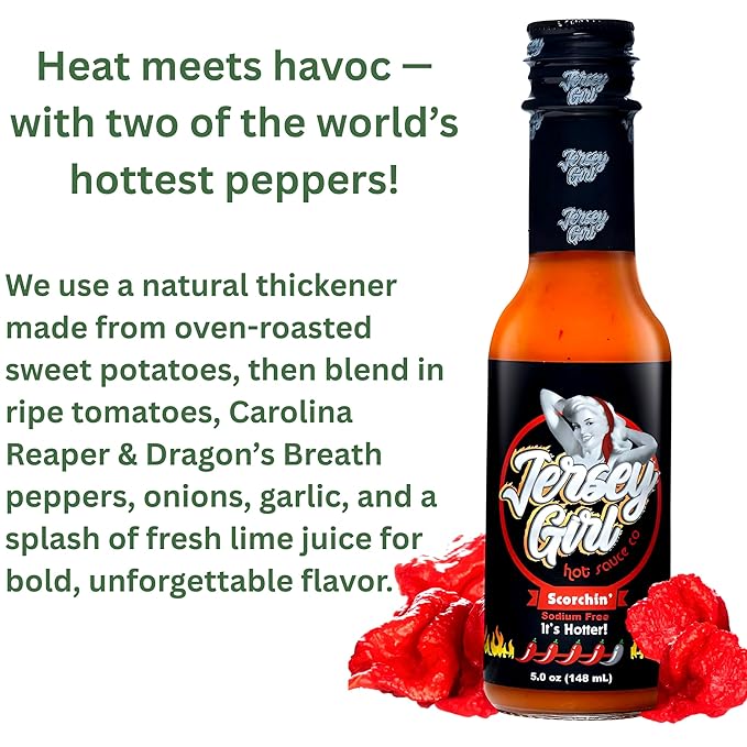 Jersey Girl Scorchin' Hot Sauce (Made with Carolina Reaper & Dragon's Breath Peppers / 2 of the Hottest Peppers in the world) All Natural, A Sodium/Salt Free Condiment - 5oz Bottle
