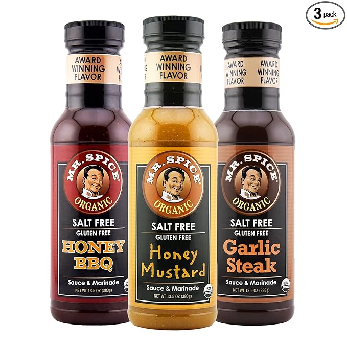 Mr. Spice Salt Free Award-Winning Taste Griller’s Choice 3 Pack | Honey BBQ | Honey Mustard | Garlic Steak | Low Sodium Sauce | Organic | No Salt Sauce | Gluten Free | Low Calorie | 13.5 Ounce (Pack of 3)