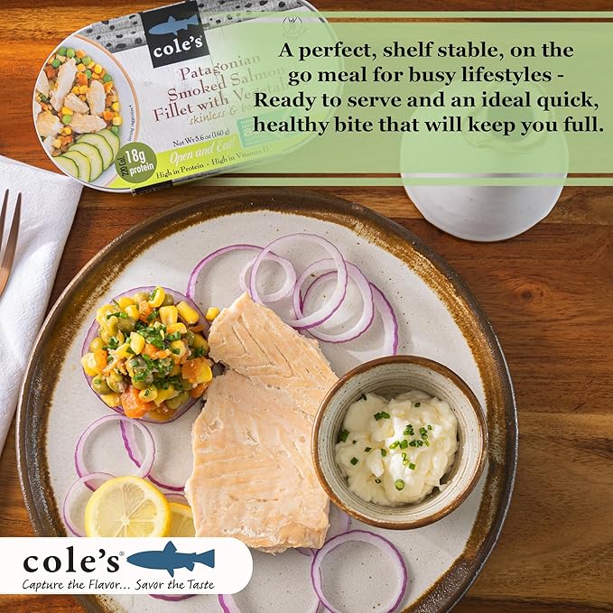 COLE’S - Patagonian Smoked Salmon Fillet with Vegetables| Ready to Eat Meal | 5.6 oz Canned & Hand-Packed | 19g Protein | High in Vitamin D | 1 Unit