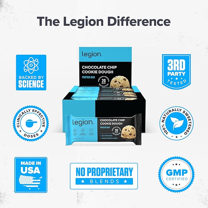 Legion Chocolate Chip Cookie Dough Protein Bar - 100% Whey Protein Bars Low Sugar High Protein with Prebiotic Fiber - Soy-Free, Gluten Free, Naturally Flavored, Low Fat, High Protein Bars (12 Count)