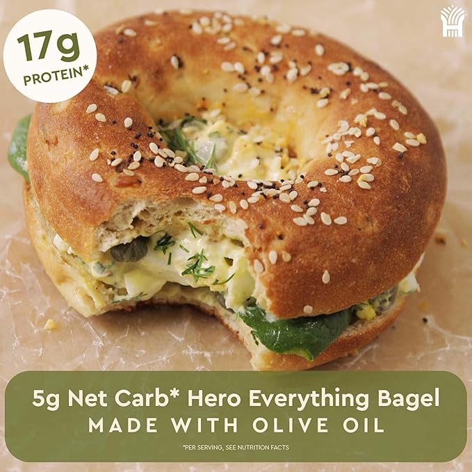Hero Everything Bagel - 5g Net Carbs, 17g Protein, High Fiber, 140 Calories per serving (4 packs (20 bagels))