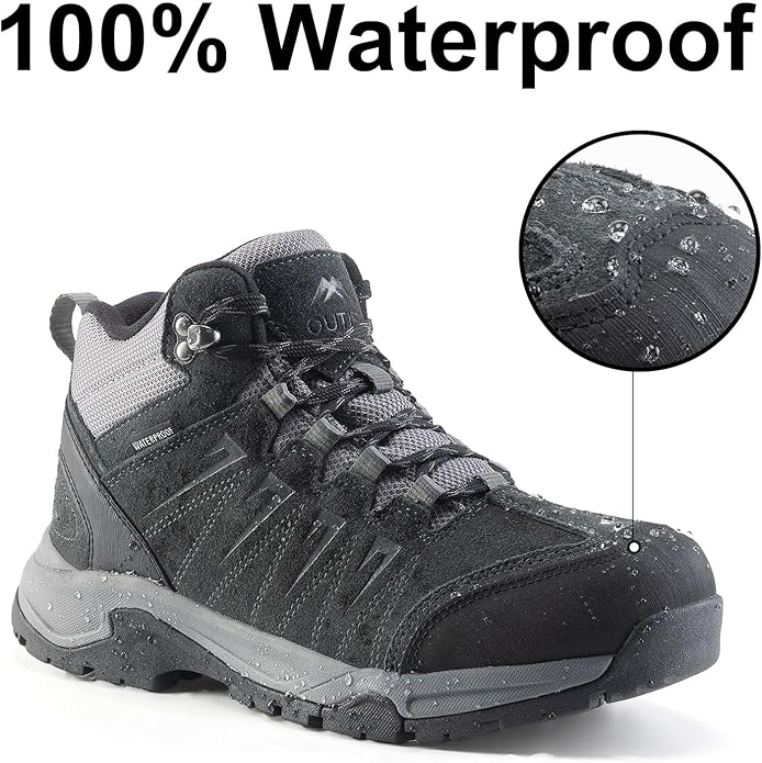 Men's Waterproof Hiking Boots Lightweight Comfortable Leather Mid Ankle Outdoor Trekking Boot
