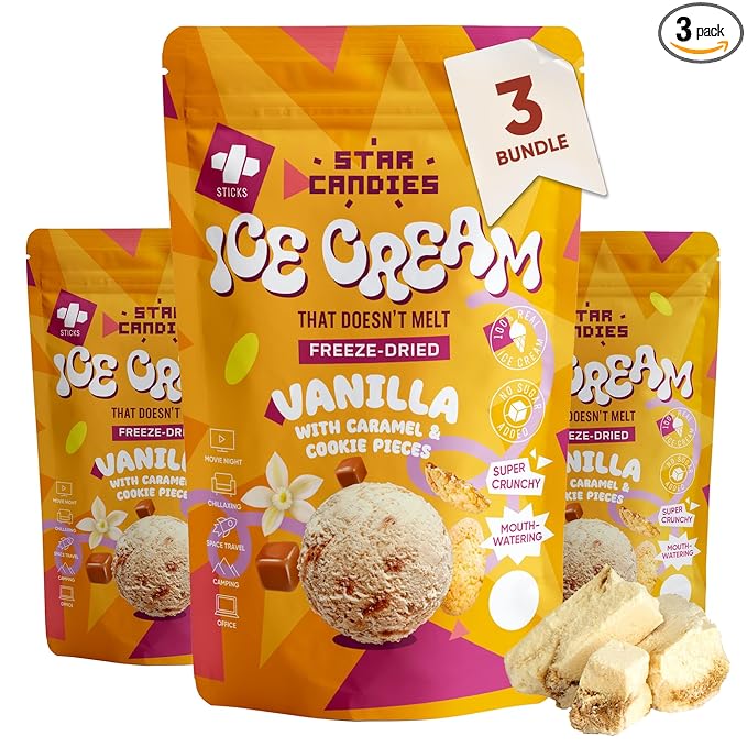 Star Candies Freeze Dried Ice Cream Vanilla Caramel Cookie | No Melting Freeze Dried Vanilla Ice Cream Candy | Crunchy & Delicious Camping Food | Premium Astronaut Snack | No Added Sugar | (7.5 oz; 3 pack)