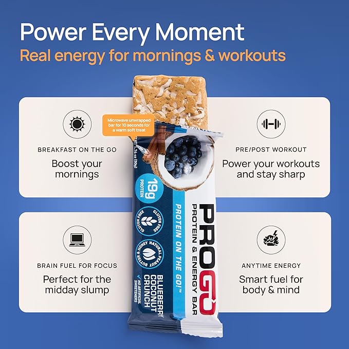 ProGo Protein Bars, Low Sugar, High Protein Snacks (19g) - 95% Pure Isolate for Faster Muscle Growth & Recovery, Low Calorie, Sweetened w/Peanut Butter & Honey (20-Count, Blueberry Coconut)
