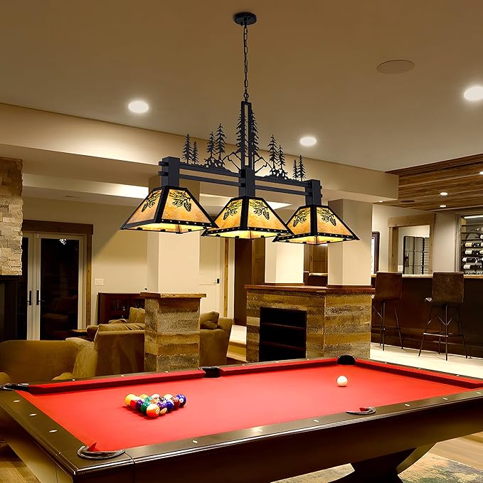 TOCHIC 3-Light Pool Table Light for 7' 8' 9' Table, 48" Rustic Tiffany Billiard Pool Table Lights, Farmhouse Chandelier for Dining Room Hanging Ceiling Light Fixture for Game Room Basement Bar