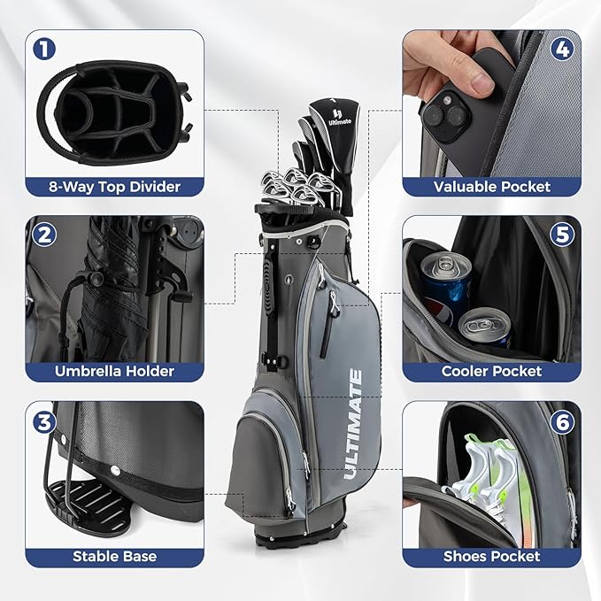 ULTIMATE Men's Complete Golf Club Set – Right-Handed, 9/11-Piece Full Set Including 460cc #1 Driver, #3 Fairway Wood, Hybrid, #6, #7, #8, #9, #P Irons, and a Precision Putter