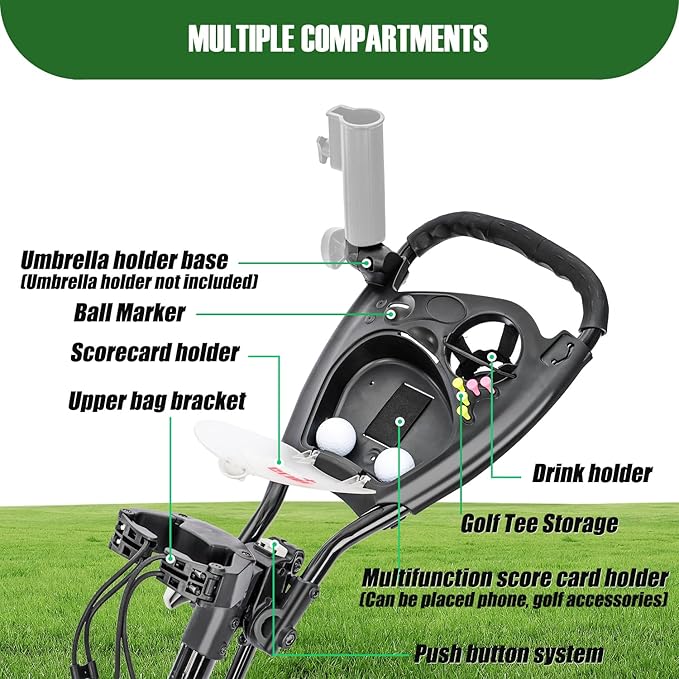 Golf Push Cart Series: 2-Wheel, 3-Wheel, 4-Wheel & 360° Swivel Front Wheel