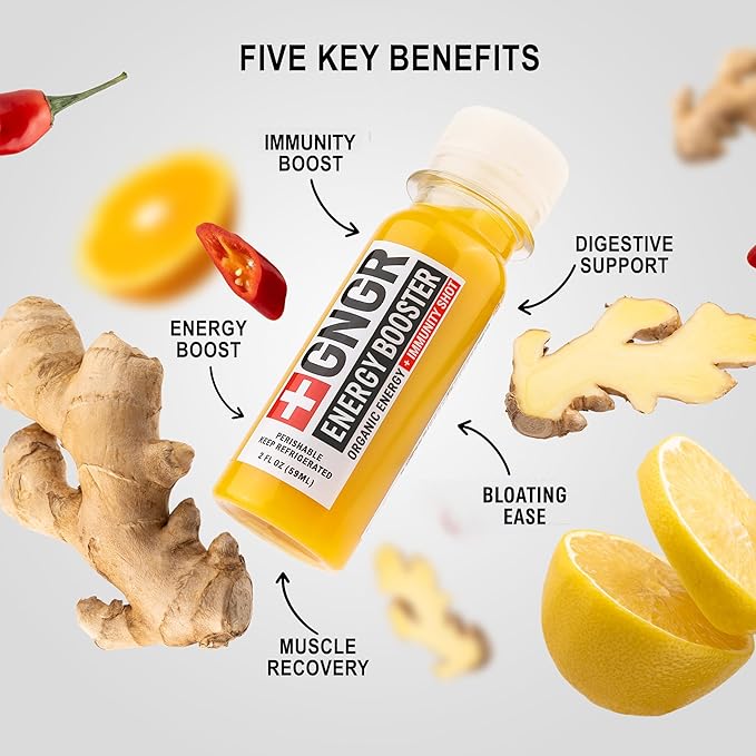 +GNGR Energy Booster & Immunity Shot, Cold-Pressed Ginger Shots with Lions Mane, 75mg of Natural Caffeine Green Tea, Turmeric Root, Vitamin D & Zinc for All Natural Immune Support (2 Oz, Pack of 12)