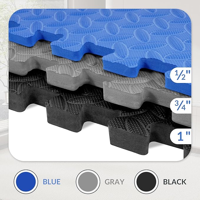 Puzzle Exercise Gym Flooring Mat, 1" Thick High-Density EVA Interlocking Tiles Workout Mat for Home Gym, Fitness Equipment, MMA, Gymnastics, 6-Piece Shock-Absorbing Exercise Mat (24 Sq Ft)