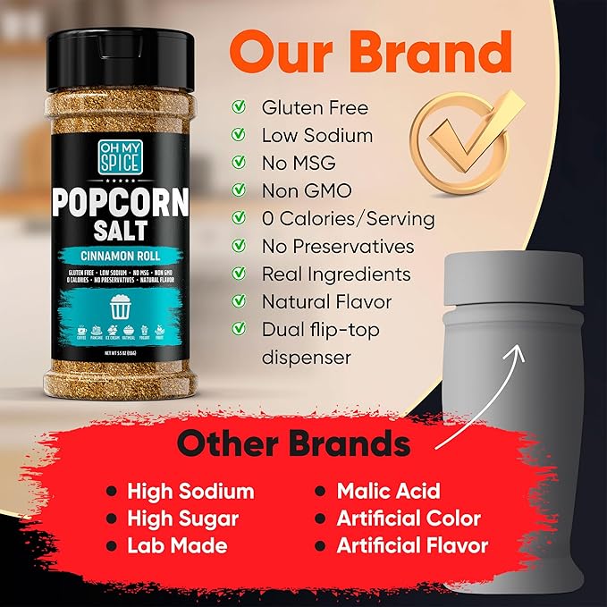 Popcorn Salt Cinnamon Roll Powder Mix - Gluten Free & Low Sodium Buttery Cinnamon Powder Popcorn Salt Seasoning. Sweet Cinammon Sugar Pop Corn Flavoring Seasoning Blend. Pop Corn Salts Topping. 5.5oz