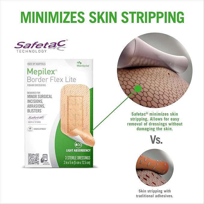 Mepilex Border Flex Lite 2 x 5in (5x12.5 cm) Hospital Grade Dressings for Minor Surgical Incisions, Abrasions and Blisters for up to Several Day Use