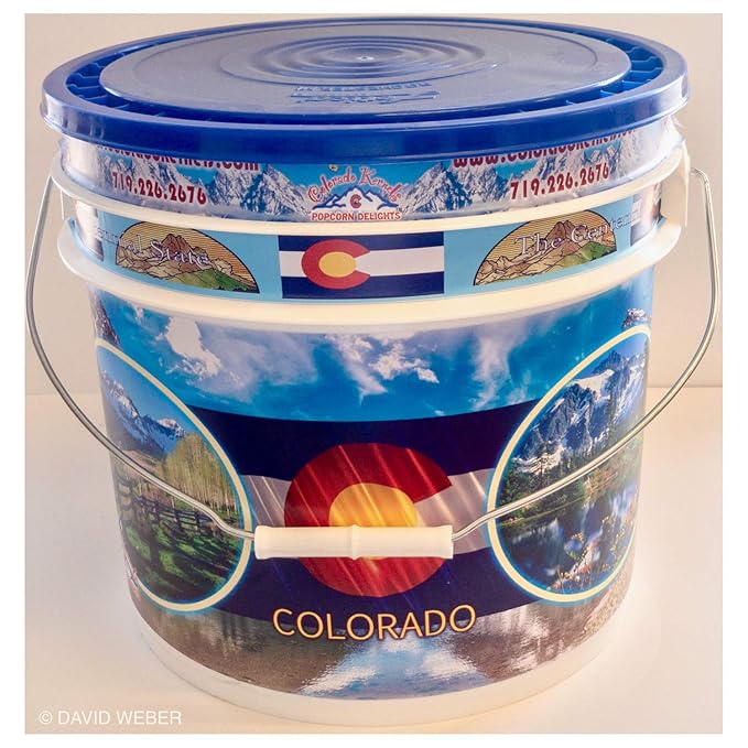 Popcorn by Colorado Kernels Popcorn Delights | 3.5 Gal CELEBRATE COLORADO MOUNTAINS Bucket | 6 lg resealable bags | Kettle Corn, Cheddar Cheese, Caramel Corn,Chocolate, Almonds/Pecans, Buffalo Ranch