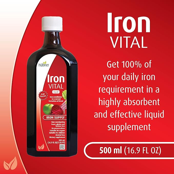 Hubner Iron Vital Liquid Iron Supply Plus Vitamin C, Dietary Supplement for Adults and Kids, Vegan and Gluten-Free, Fruit Flavor, 500 ml Bottle, 50 Servings
