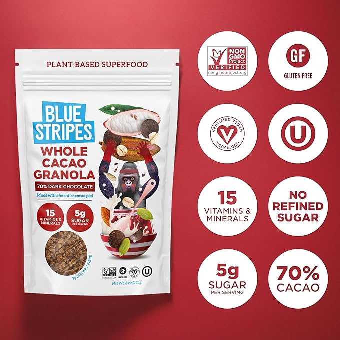 Blue Stripes Whole Cacao Granola (Dark Chocolate) - Gluten-Free, Low-Sugar, All-Natural, Non-GMO | No Refined Sugar | Vegan | No Artificial Ingredients | (2 Pack)