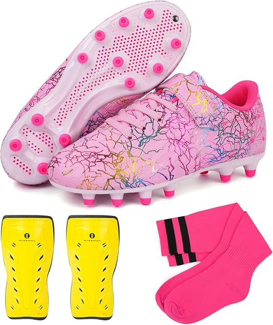 brooman Kids Firm Ground Soccer Cleats Girls Football Cleats with Shin Guards and Soccer Socks