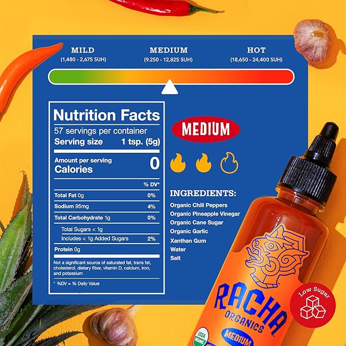 Racha Organics Medium Heat Sriracha Hot Sauce - USDA Organic Sriracha Sauce Made with Estate-Grown Thai Chili Peppers - Low-Sugar, Non-GMO, Gluten Free, Keto Friendly - 10oz - Made in Thailand