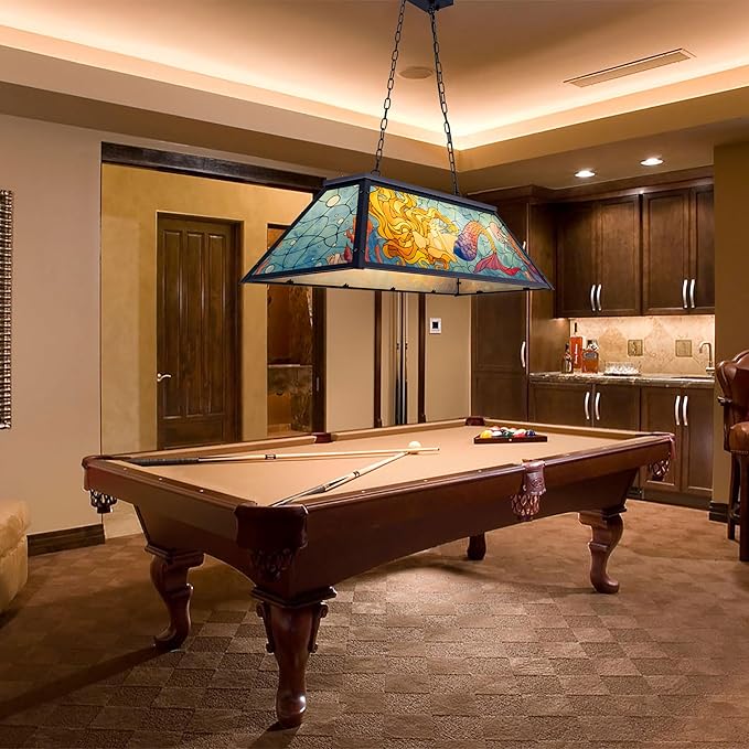 Wellmet Tiffany Pool Table lamp Hanging, Billiards Lamp for Game Room, 4-Lights Modern Chandeliers for Kitchen Island, Snooker Table, Party Men's Cave, Coastal Sea Ocean Style