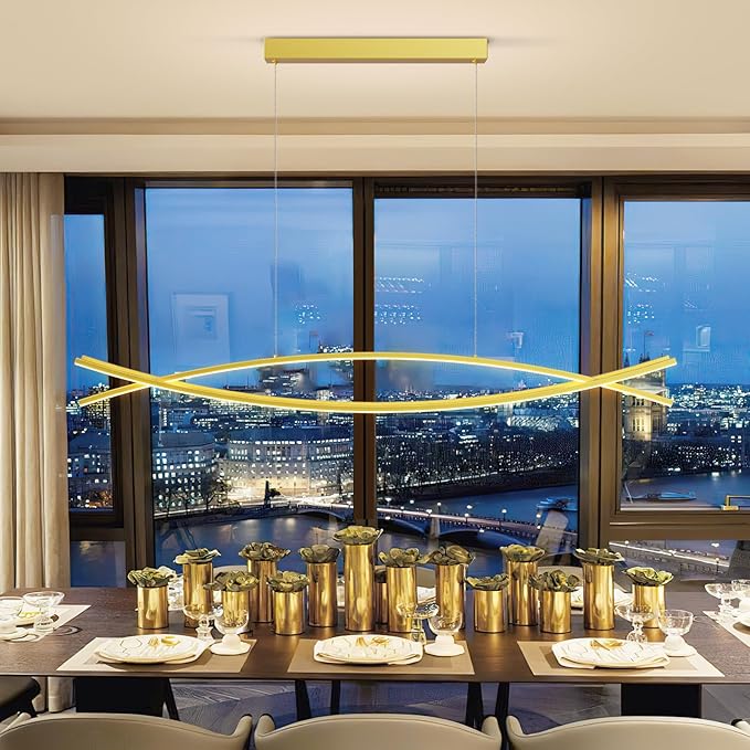 Modern LED Pendant Lights, 47in Gold Chandelier Dimmable with Remote Control 3000k-6000K Adjustable Color Temperature, Aluminum Island Lighting Lamp Fixture for Kitchen, Dining Room