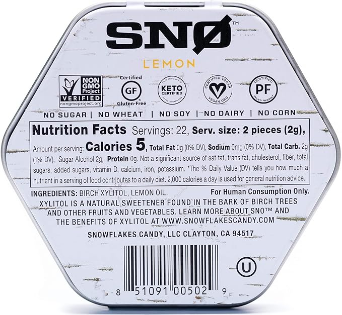 Lemon Xylitol Candy Chips (6-Pack) - SNØ 1.5oz Tins - Handcrafted w/ONLY 2 Ingredients | Diabetic-friendly, Non-GMO, Vegan, Keto, GF & Kosher | Purest sugar-free candy in the world!