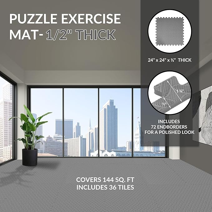 Puzzle Exercise Gym Flooring Mat, 1/2" Thick High-Density EVA Interlocking Tiles Workout Mat for Home Gym, Fitness Equipment, MMA, Gymnastics, 36-Piece Shock-Absorbing Exercise Mat (144 Sq Ft)